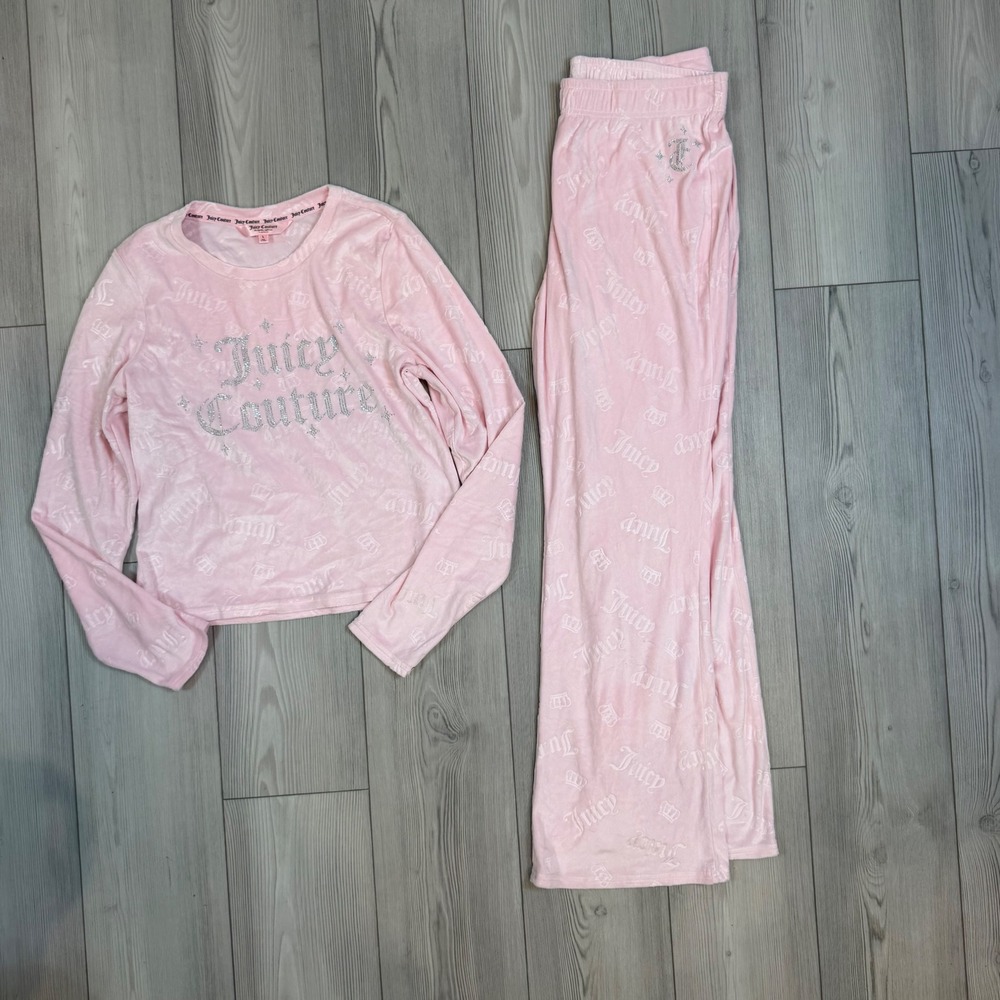 Juicy Couture Pink Velour Pajama Set Rhinestone Logo 2 Piece Sleepwear Large